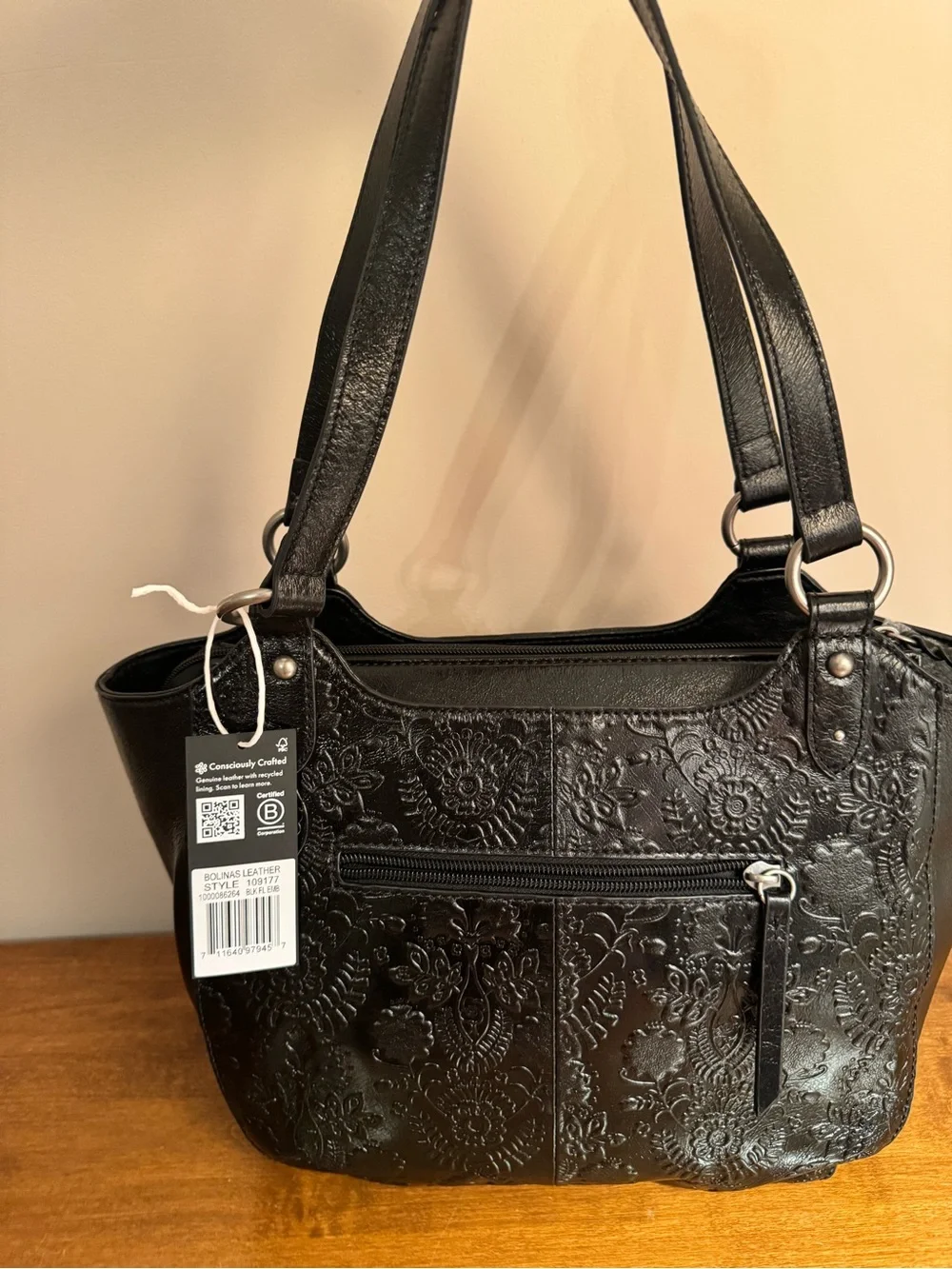 The Sak Bolinas Satchel in Black Floral Embossed Leather